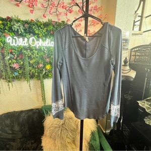 Free People Gray Fitted Long Sleeve Blouse